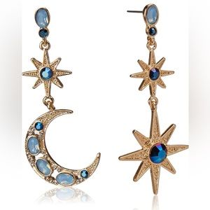 NEW Betsey Johnson Gold and Crystal Celestial Moon and Star Mismatch Earrings